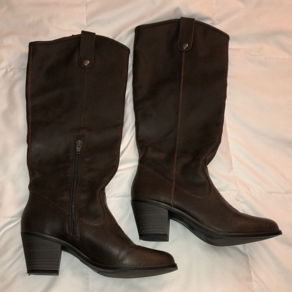 Tall Brown Faux Leather Heeled Boots Size 7.5